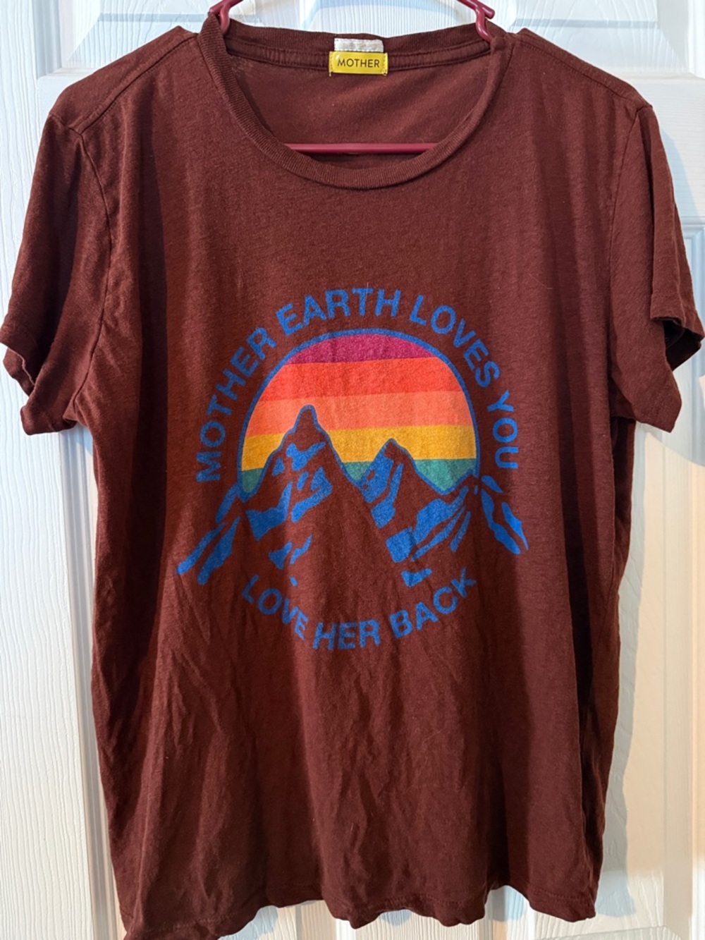 MOTHER Maroon Tee with Rainbow Sunset & Blue Mountain Graphic